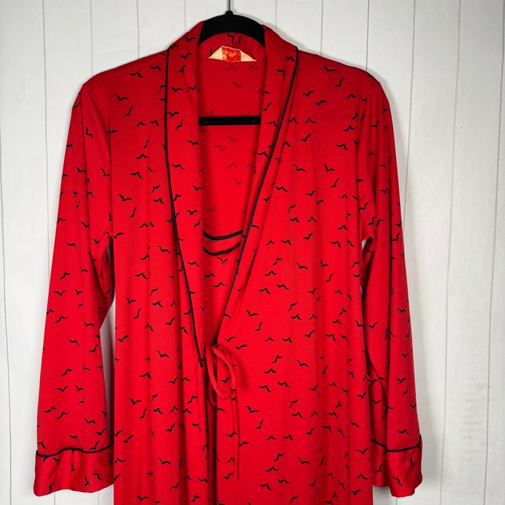 Vintage Daffodil Retro Robe & Slip Dress Red Flying Seagulls Print Whimsigoth M - Picture 3 of 12